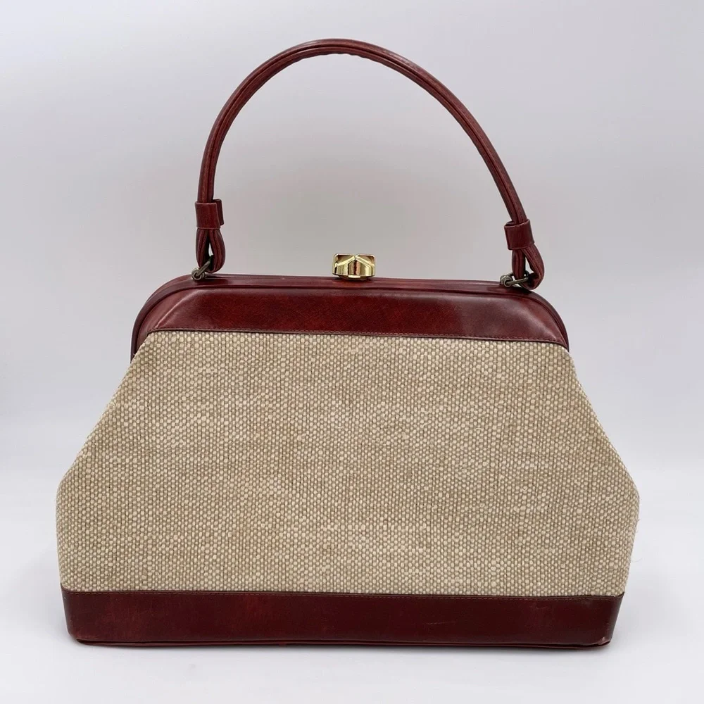 Vintage 50s 60s Top Handle Satchel Bag Red Leather Tweed Purse Midcentury Modern - Picture 3 of 12